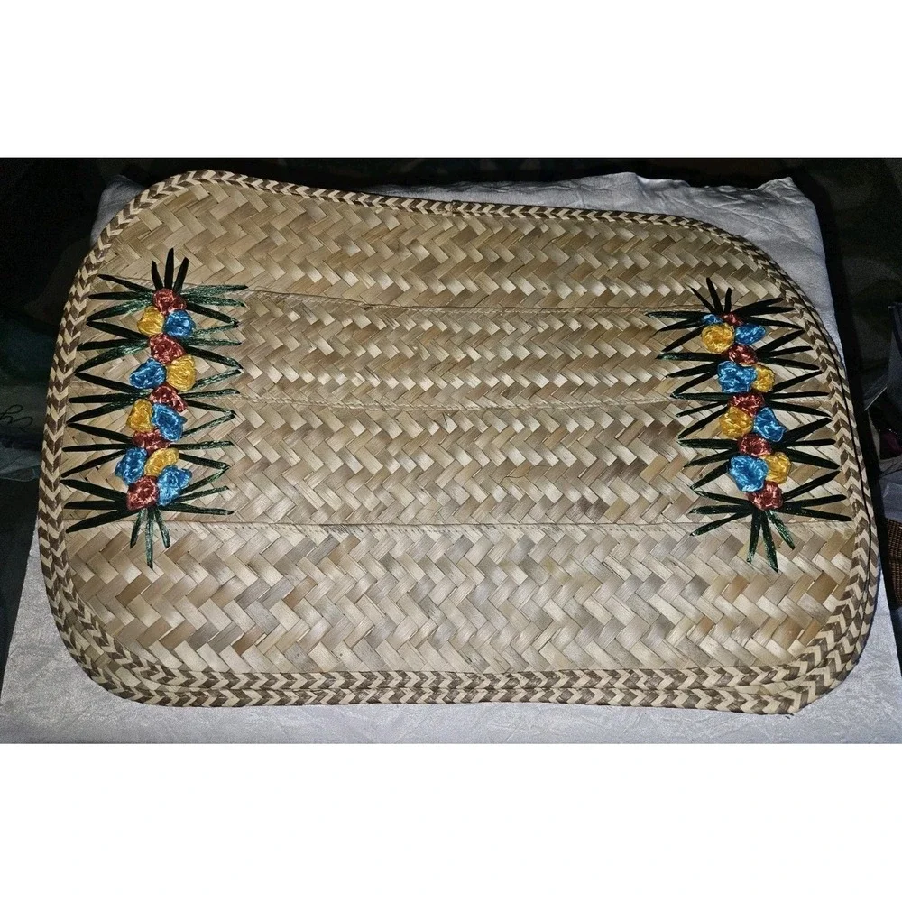 Set Of 4 VTG 70s Woven Floral Wicker Rattan Oval Placemats Boho‎ Beachy Cottage